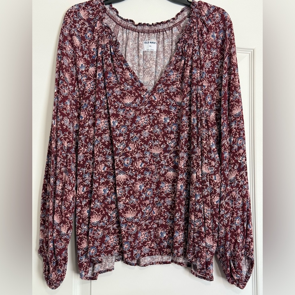 Old Navy XXL Boho Flowy Floral V-Neck Top - Burgundy and Blue